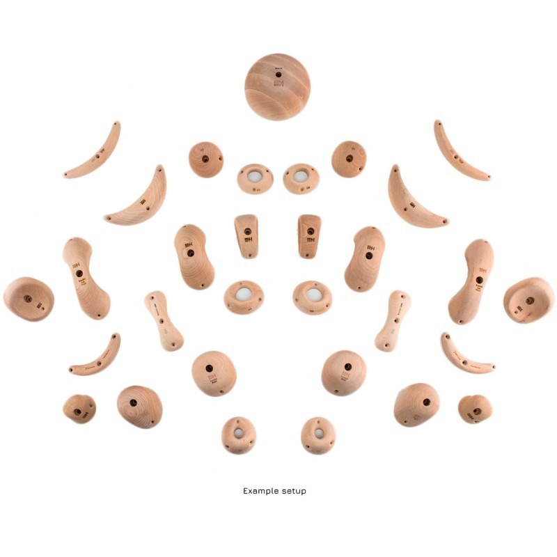 26 positive and symmetric wooden climbing holds. Juggy wooden holds